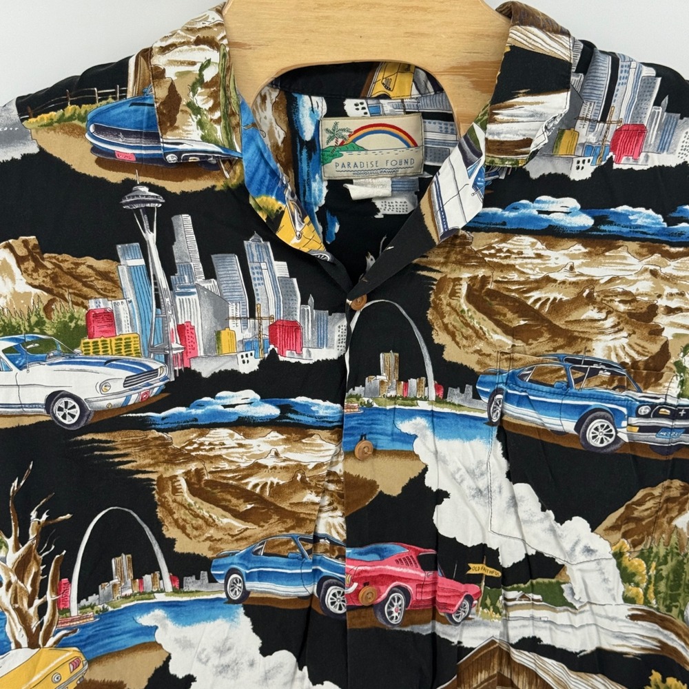 Paradise Found Mens XL Hawaiian Shirt Rayon Magnum PI Road Trip Cars